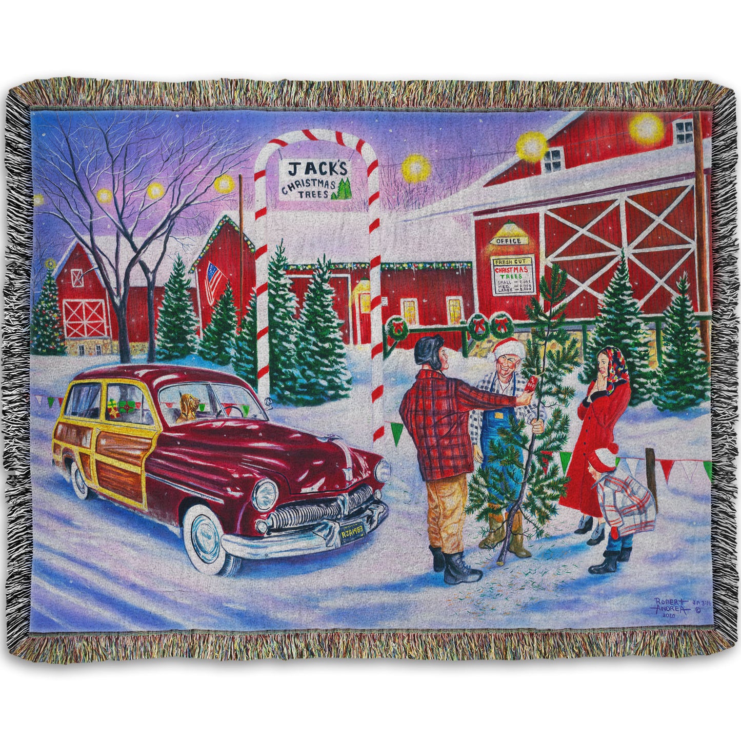 Woven throw blanket detailed with a painting of a family at a farm, buying a christmas tree.