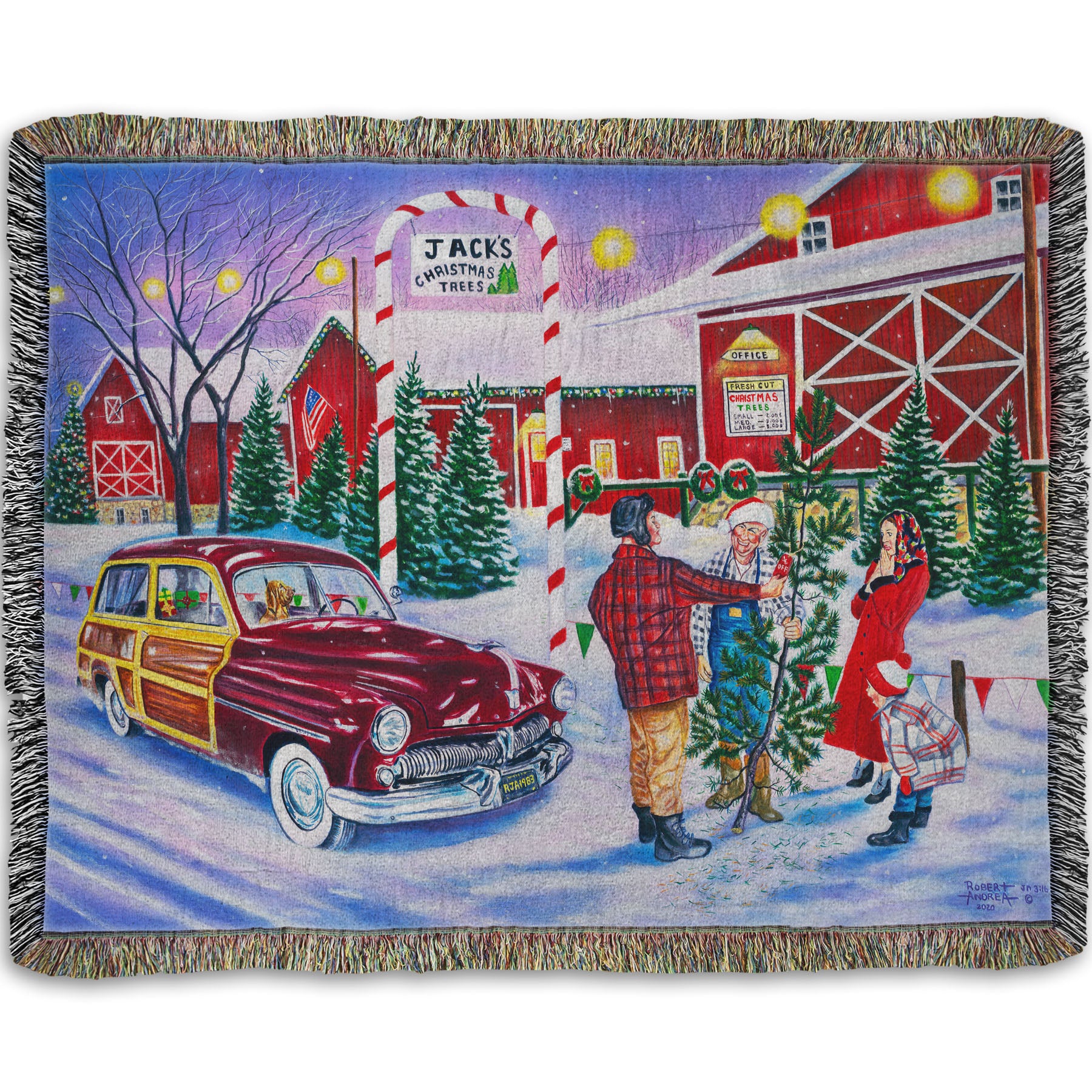 Woven throw blanket detailed with a painting of a family at a farm, buying a christmas tree.