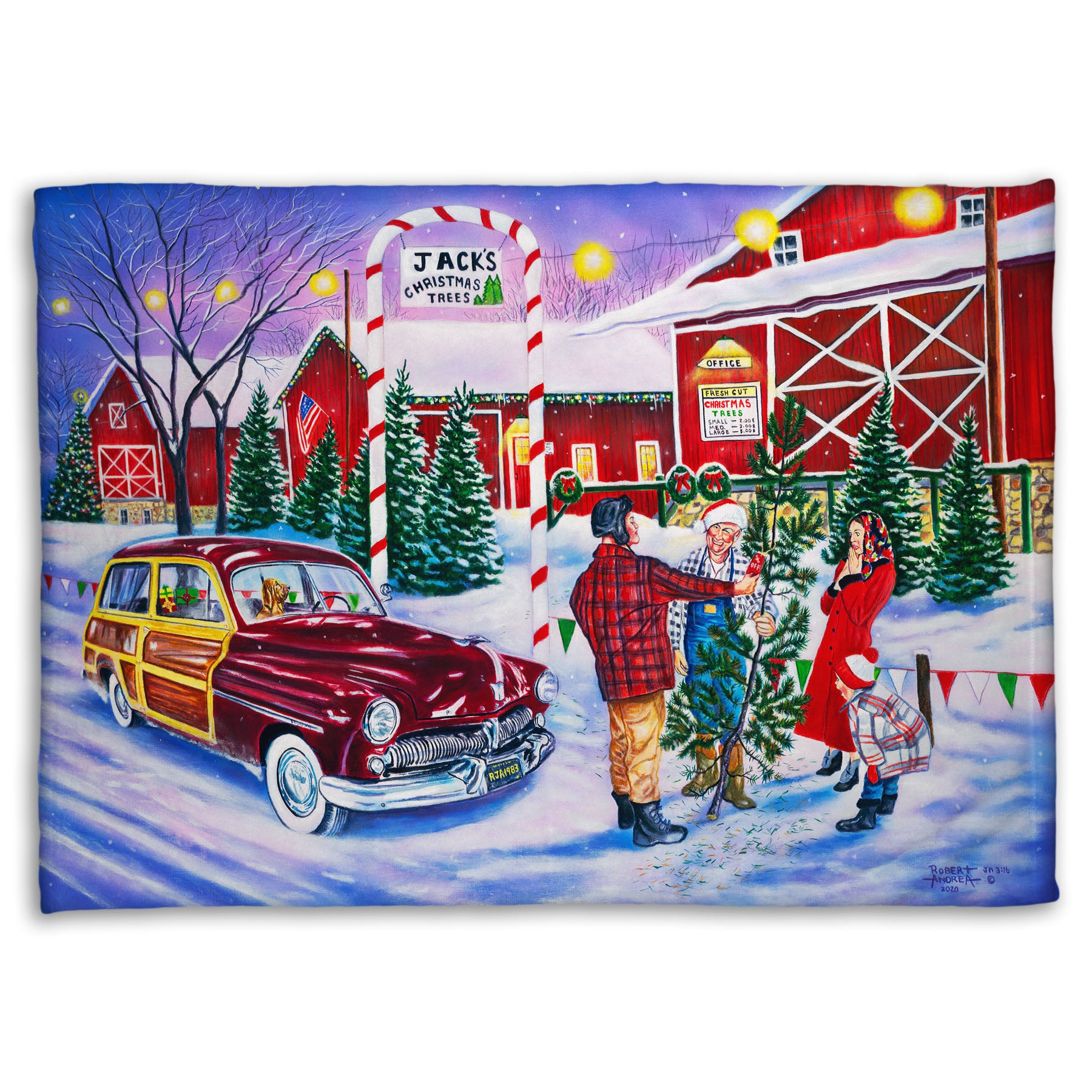 Coral fleece blanket detailed with a painting of a family at a farm, buying a christmas tree.