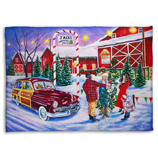 Coral fleece blanket detailed with a painting of a family at a farm, buying a christmas tree.