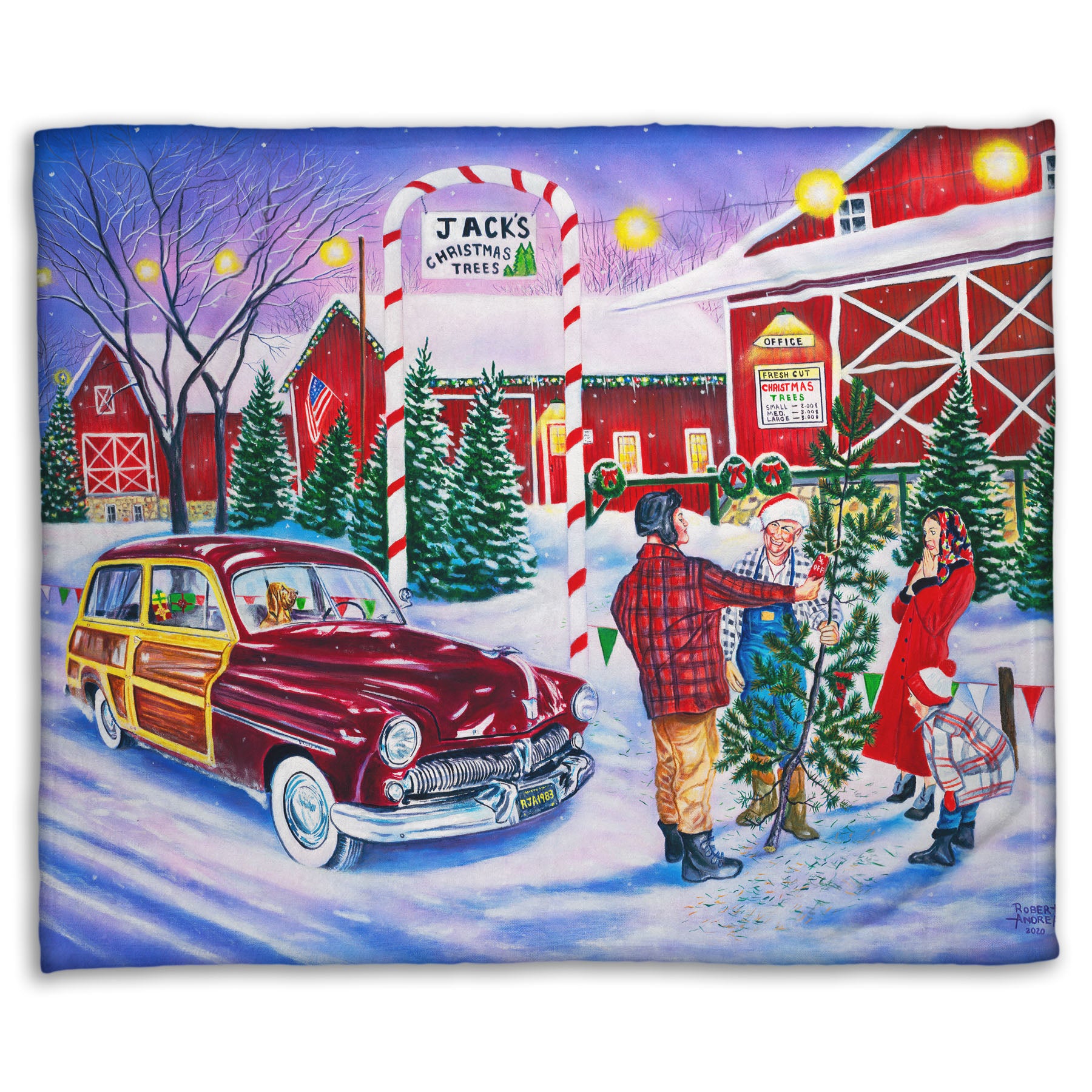 Coral fleece blanket detailed with a painting of a family at a farm, buying a christmas tree.
