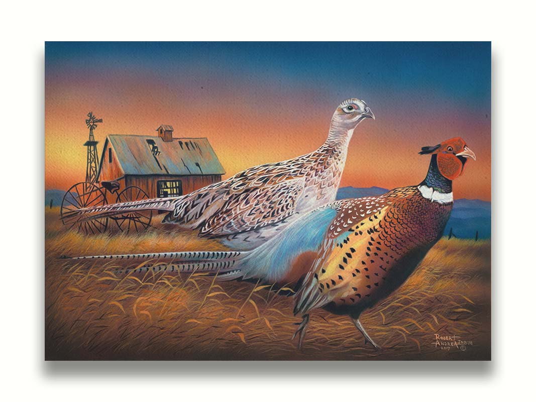 A painting of two pheasants, walking through golden grasses against a colorful sunset. Printed on canvas.