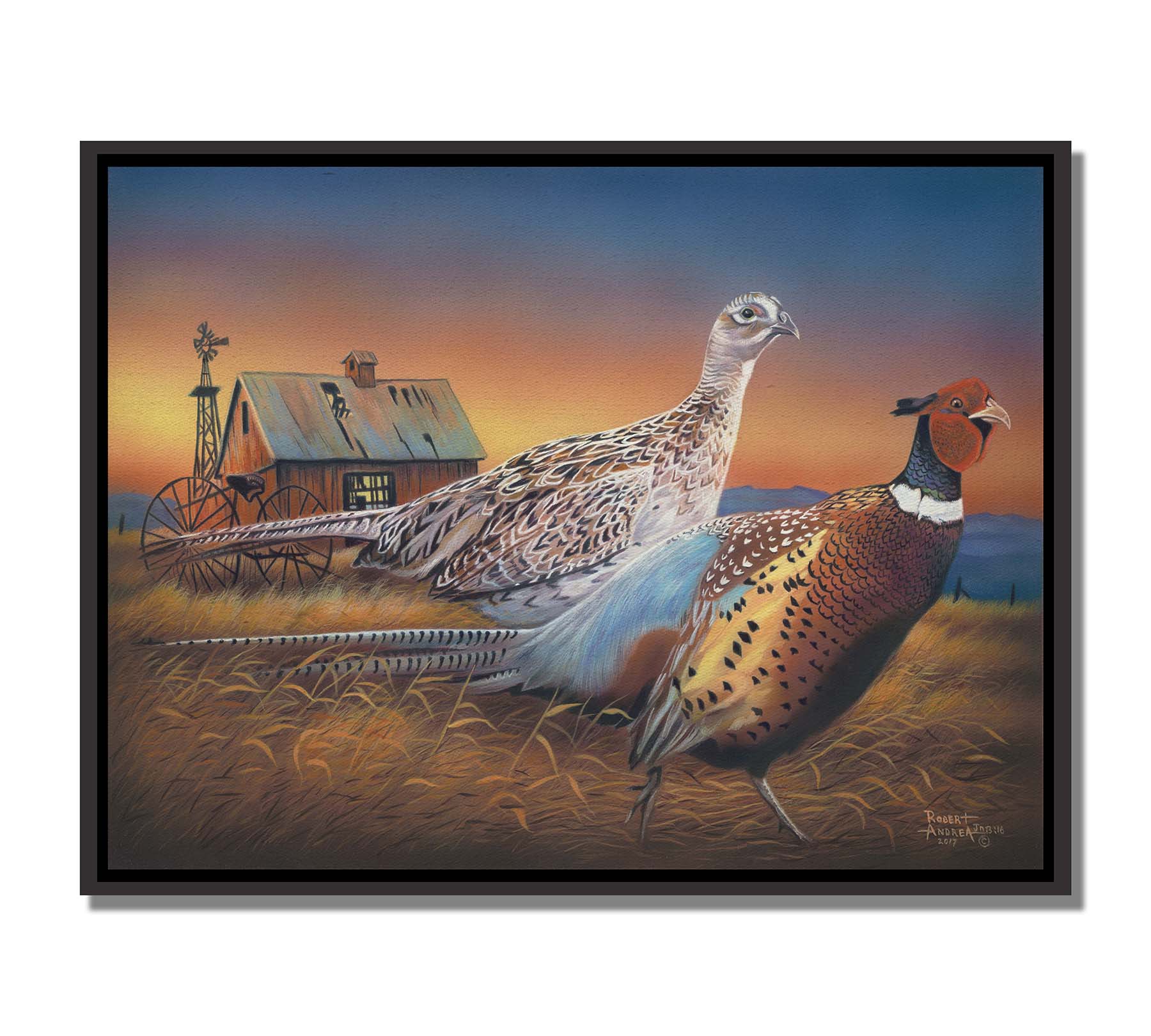 A painting of two pheasants, walking through golden grasses against a colorful sunset. Printed on canvas in a float frame.