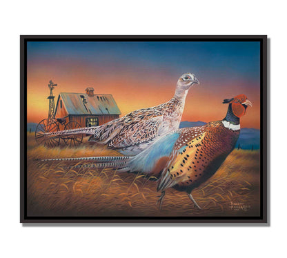 A painting of two pheasants, walking through golden grasses against a colorful sunset. Printed on canvas in a float frame.