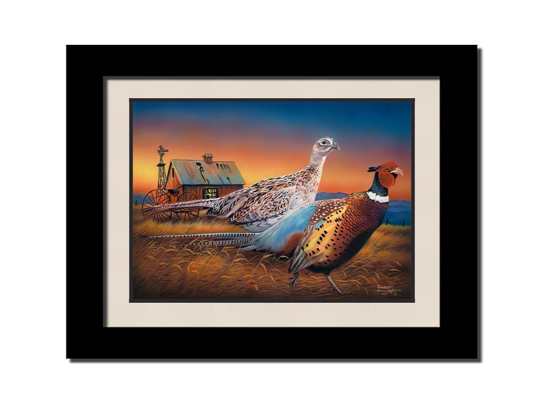 A painting of two pheasants, walking through golden grasses against a colorful sunset. Printed on paper, matted, and framed.