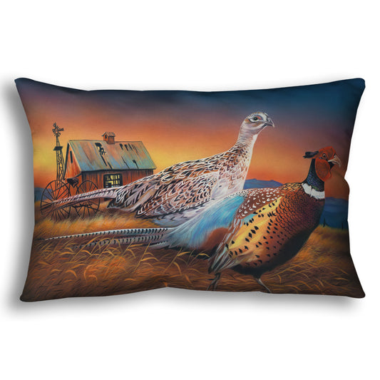 Throw pillow designed with a painting of two pheasants, walking through golden grasses against a colorful sunset.