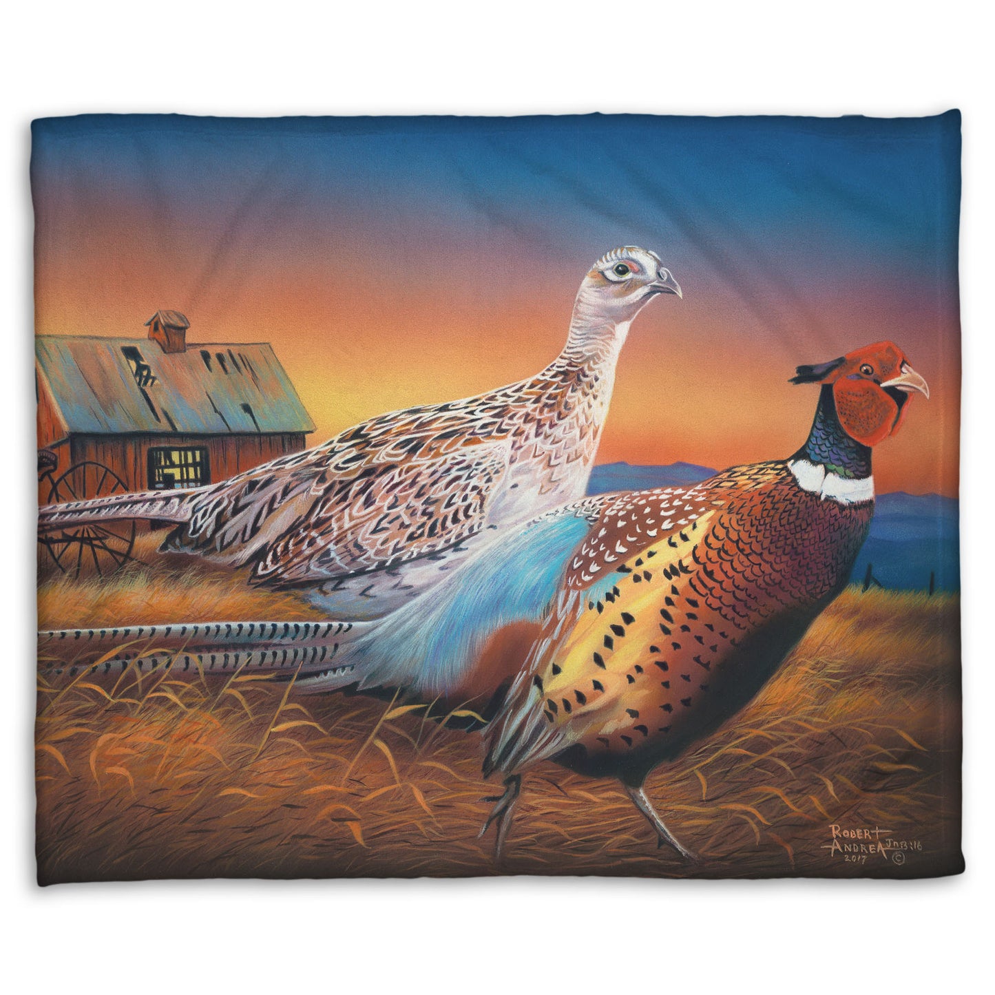 Coral fleece blanket designed with a painting of two pheasants, walking through golden grasses against a colorful sunset.