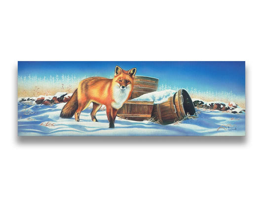 A painting of a red fox standing by some wood buckets in the snow. A white forest can be seen on the horizon. The orange of the fox's fur contrasts with the bright blue of the sky and pale blue shadows on the snow. Printed on canvas.