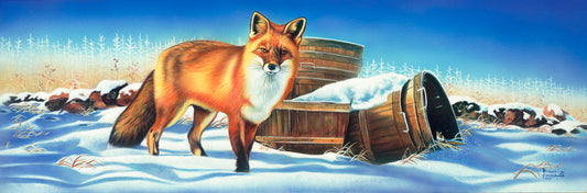 A painting of a red fox standing by some wood buckets in the snow. A white forest can be seen on the horizon. The orange of the fox's fur contrasts with the bright blue of the sky and pale blue shadows on the snow.