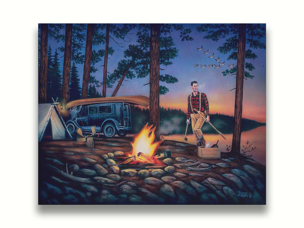 A painting of two campers at sunset, preparing to canoe. Printed on canvas.