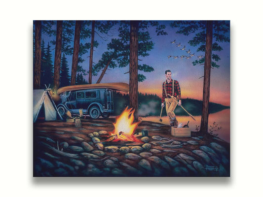 A painting of two campers at sunset, preparing to canoe. Printed on canvas.