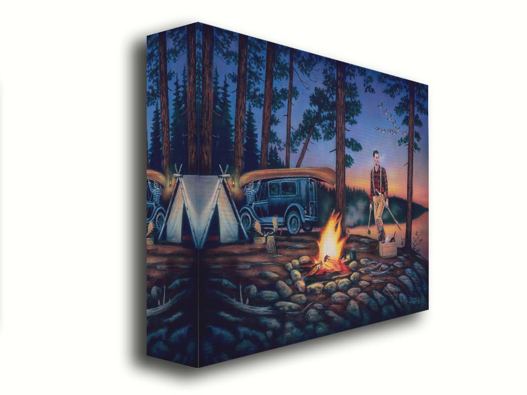 A painting of two campers at sunset, preparing to canoe. Printed on canvas.