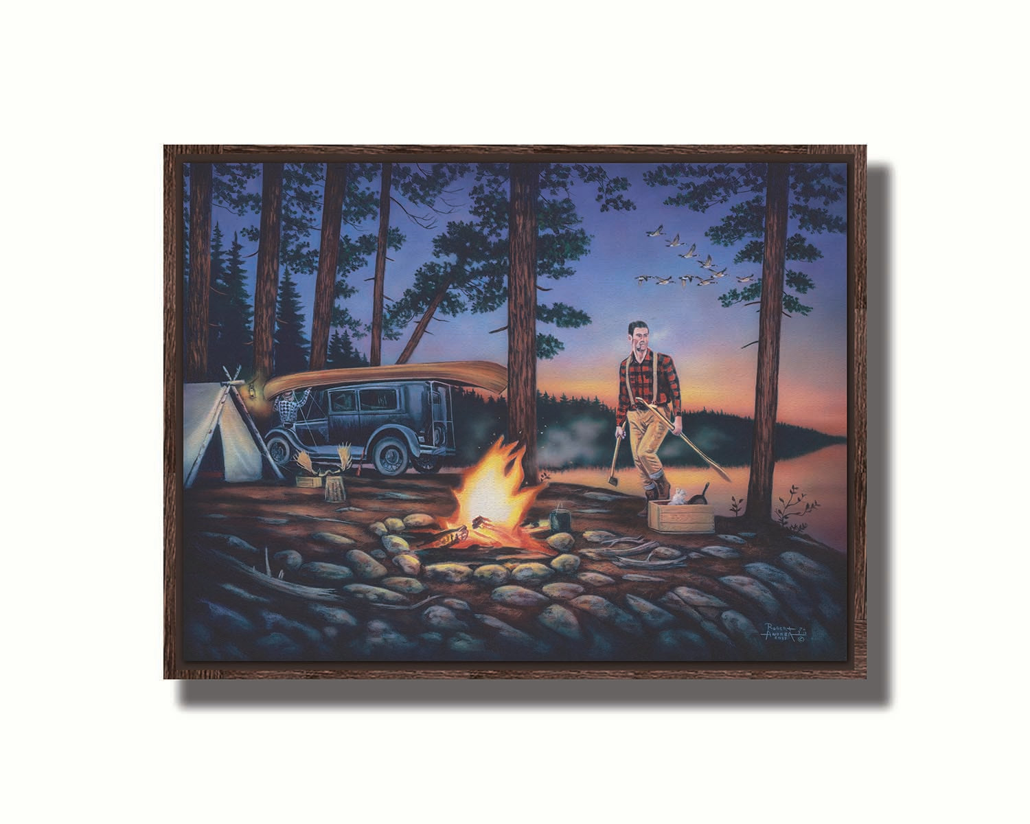 A painting of two campers at sunset, preparing to canoe. Printed on canvas in a float frame.