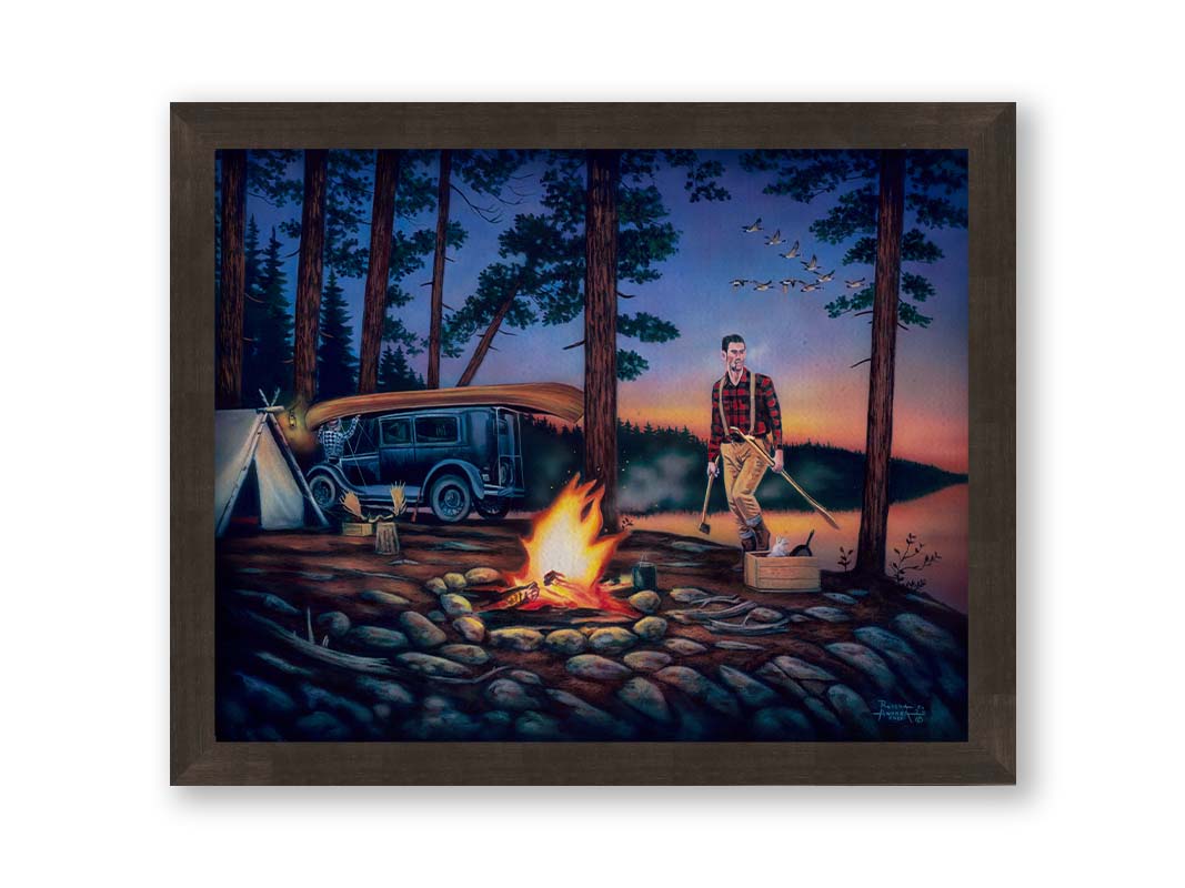 A painting of two campers at sunset, preparing to canoe. Printed on canvas and framed.