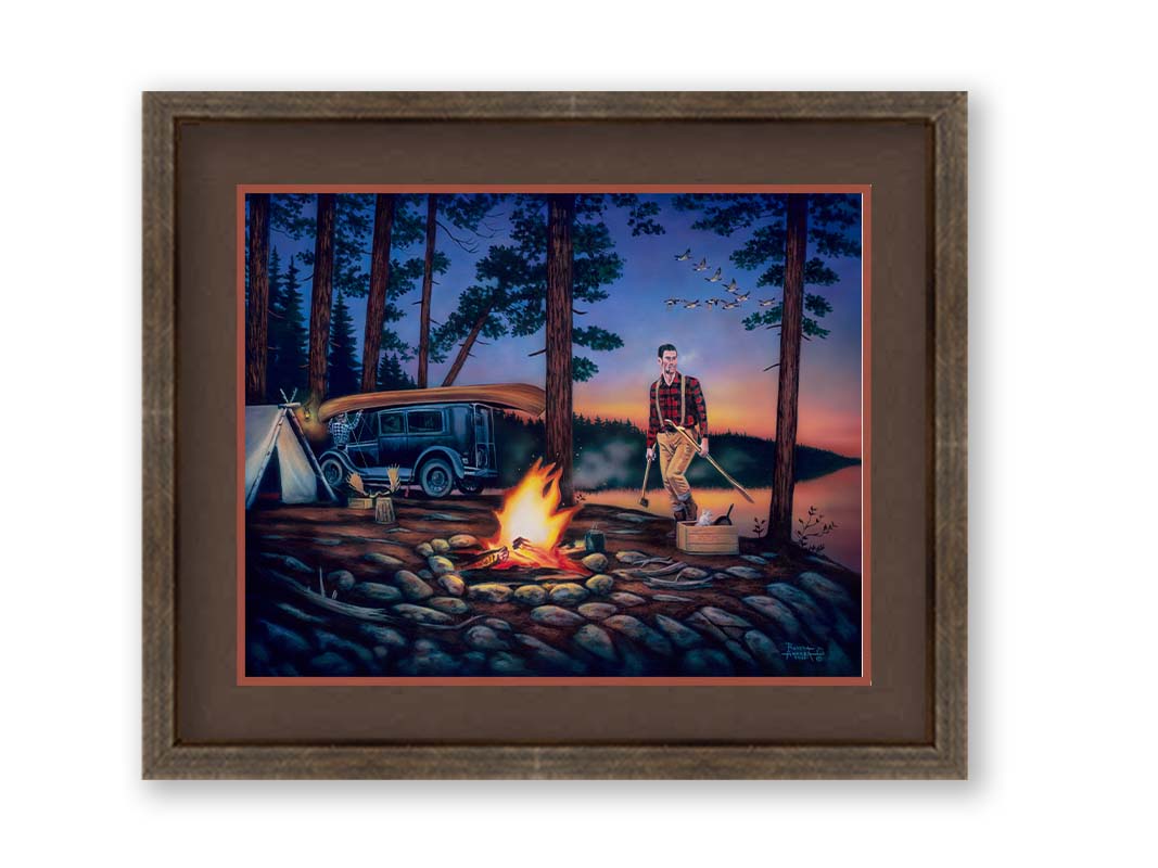 A painting of two campers at sunset, preparing to canoe. Printed on paper, matted, and framed.