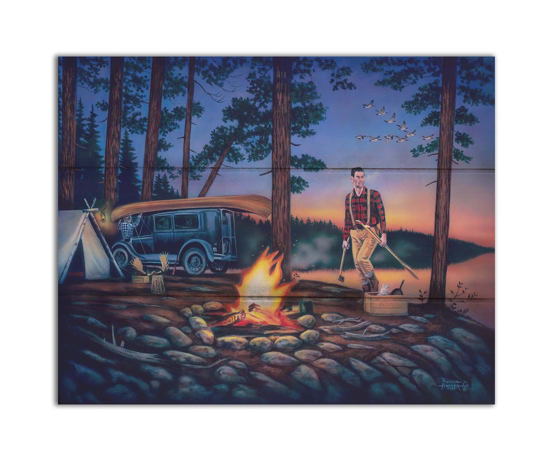 A painting of two campers at sunset, preparing to canoe. Printed on a box board.