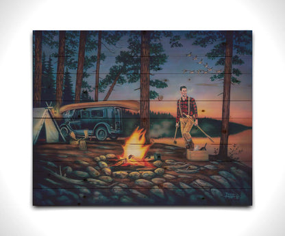 A painting of two campers at sunset, preparing to canoe. Printed on a wood pallet.