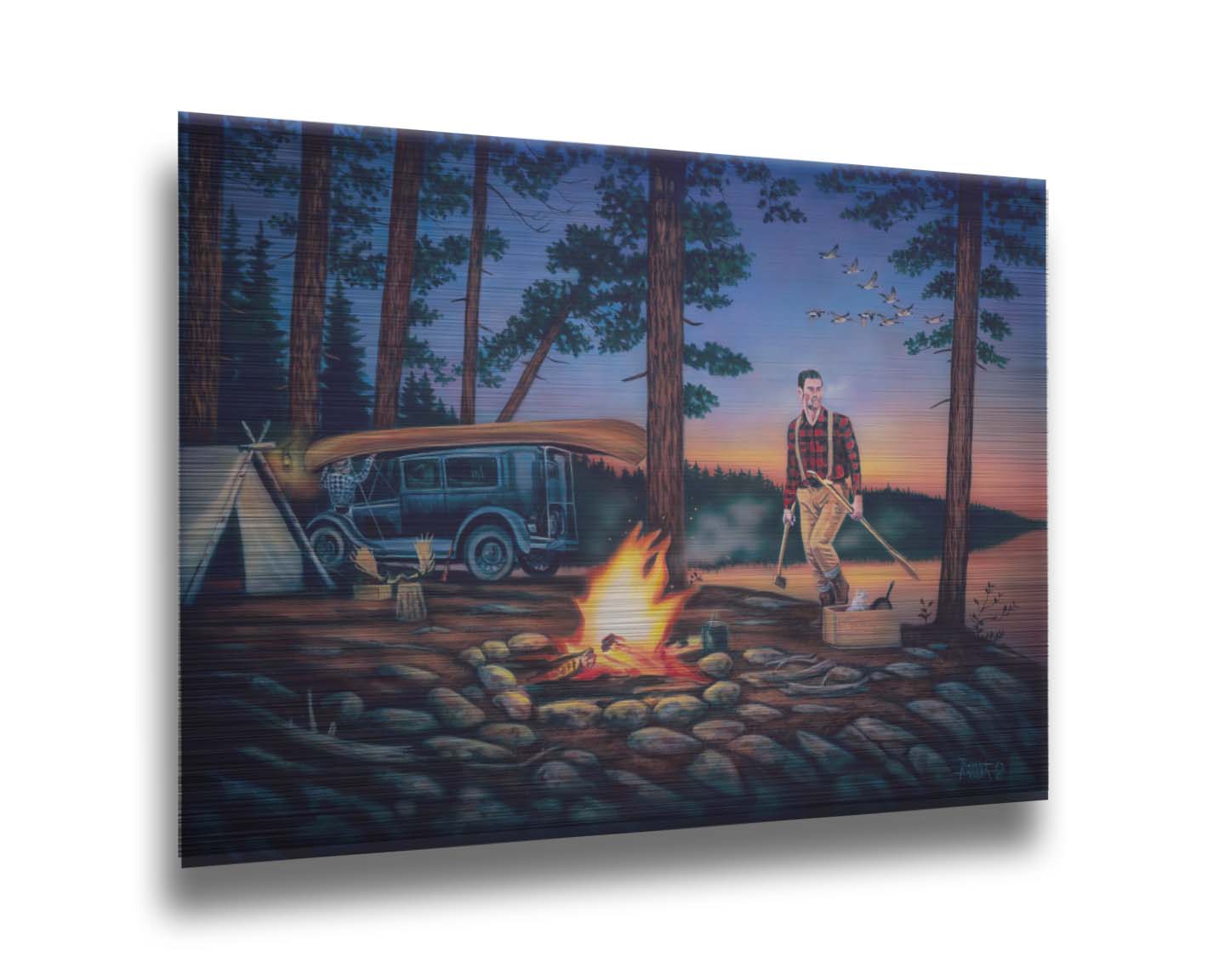 A painting of two campers at sunset, preparing to canoe. Printed on metal.