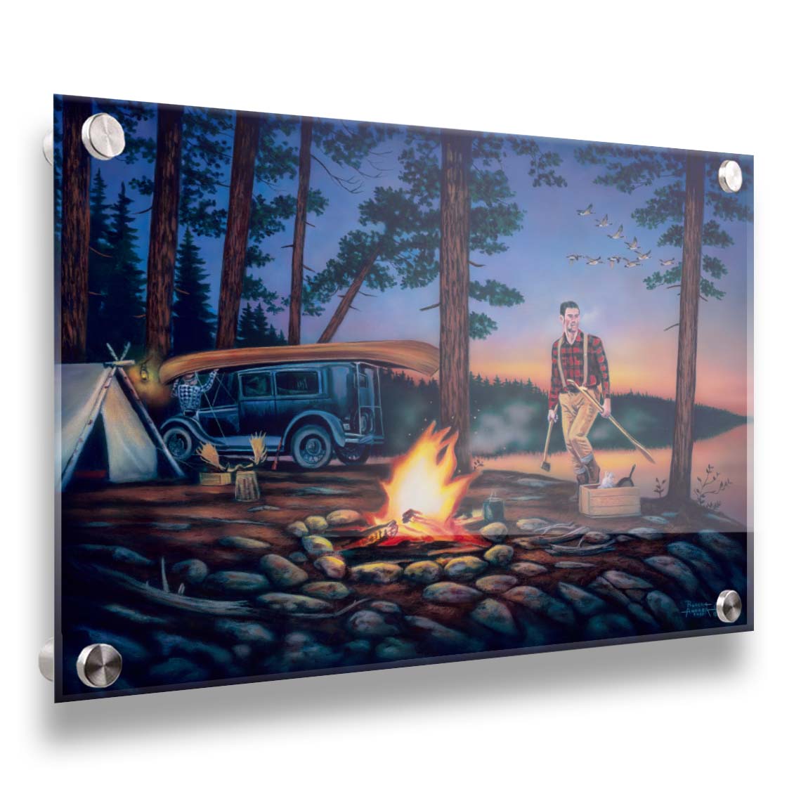 A painting of two campers at sunset, preparing to canoe. Printed on acrylic.