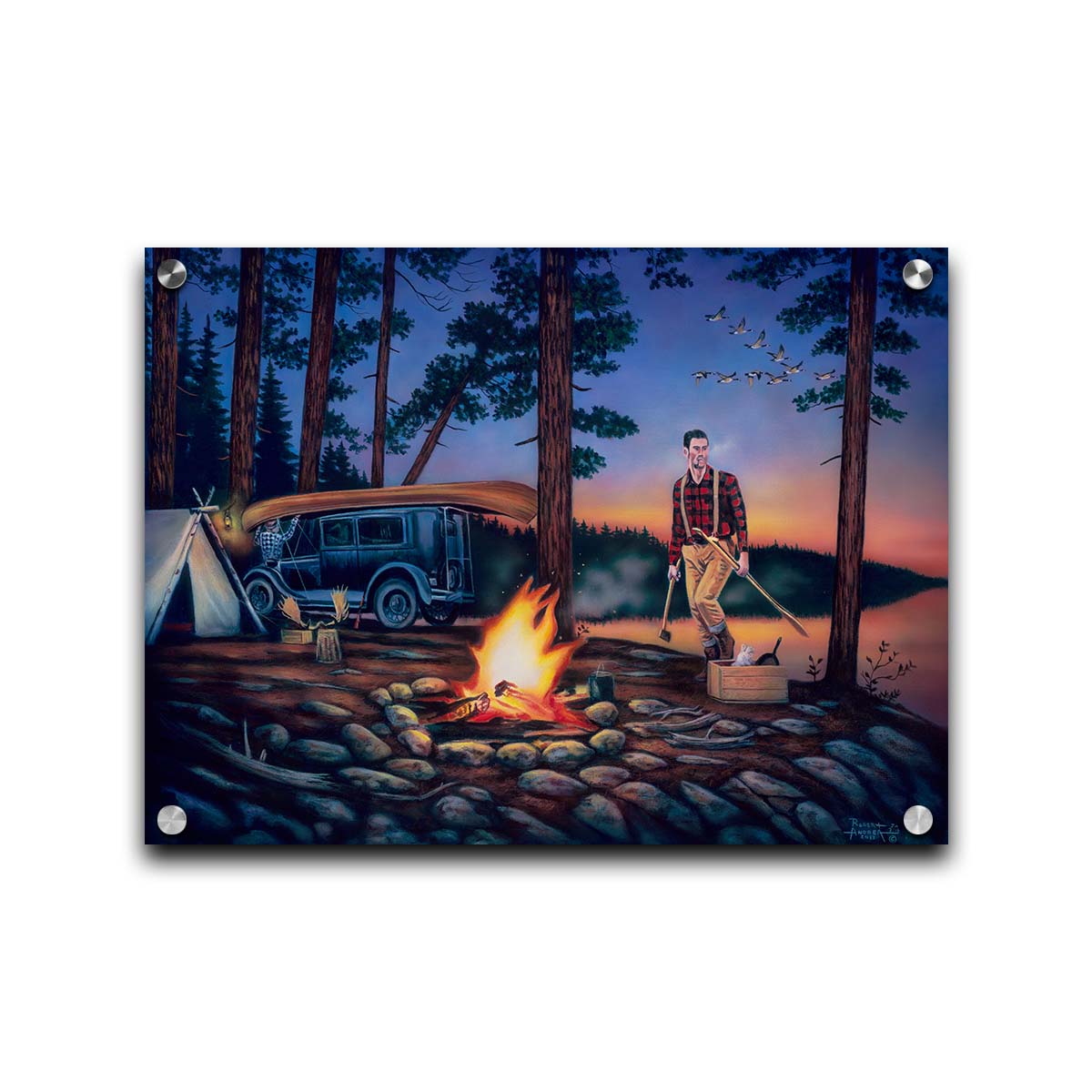 A painting of two campers at sunset, preparing to canoe. Printed on acrylic.