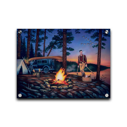 A painting of two campers at sunset, preparing to canoe. Printed on acrylic.