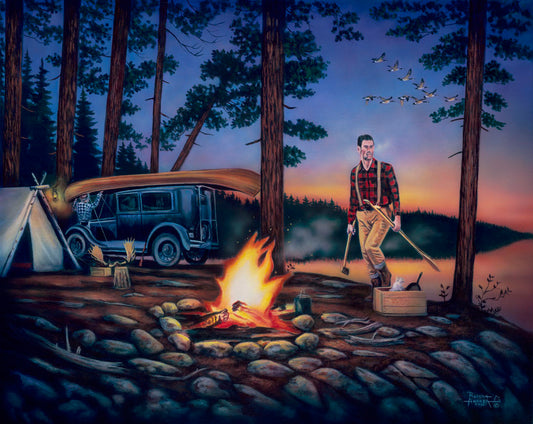 A painting of two campers at sunset, preparing to canoe.