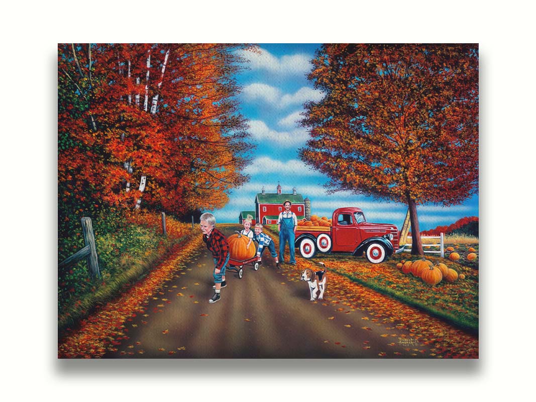 A painting of a fall scene, with a group of children moving a large pumpkin with a wagon alongside their dog, leaving a farmer's pumpkin patch. Printed on canvas.