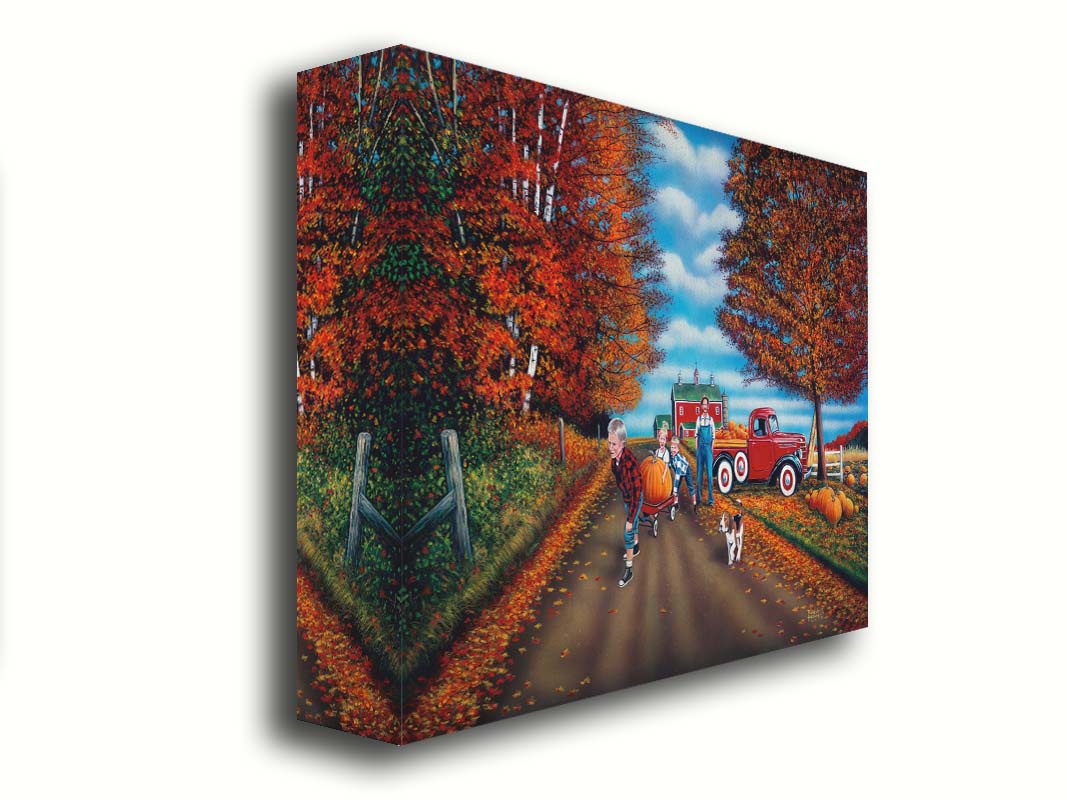 A painting of a fall scene, with a group of children moving a large pumpkin with a wagon alongside their dog, leaving a farmer's pumpkin patch. Printed on canvas.