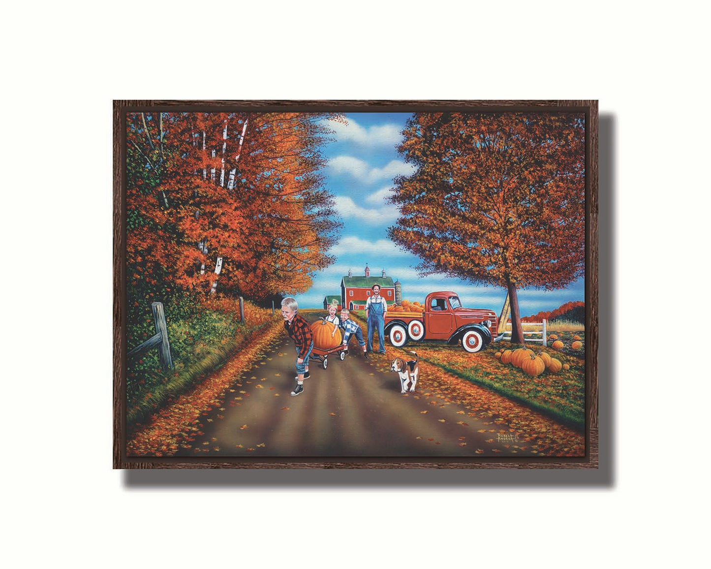 A painting of a fall scene, with a group of children moving a large pumpkin with a wagon alongside their dog, leaving a farmer's pumpkin patch. Printed on canvas in a float frame.