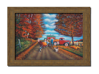 A painting of a fall scene, with a group of children moving a large pumpkin with a wagon alongside their dog, leaving a farmer's pumpkin patch. Printed on canvas and framed.