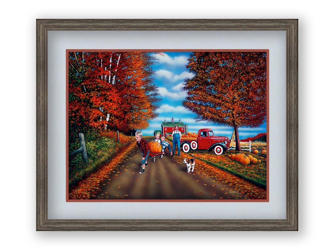 A painting of a fall scene, with a group of children moving a large pumpkin with a wagon alongside their dog, leaving a farmer's pumpkin patch. Printed on paper, matted, and framed.