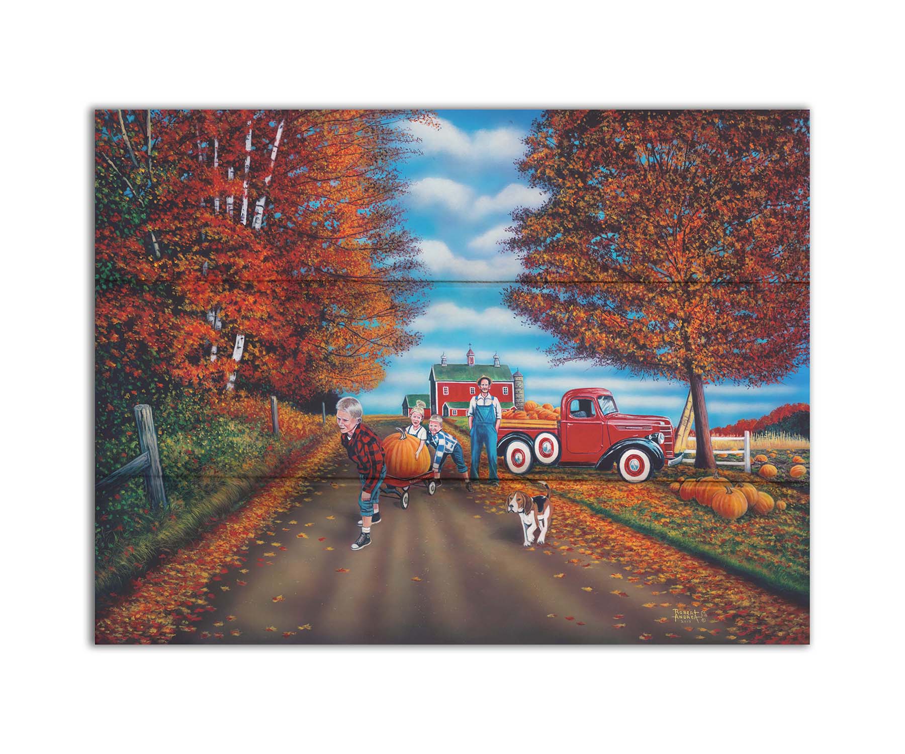 A painting of a fall scene, with a group of children moving a large pumpkin with a wagon alongside their dog, leaving a farmer's pumpkin patch. Printed on a box board.