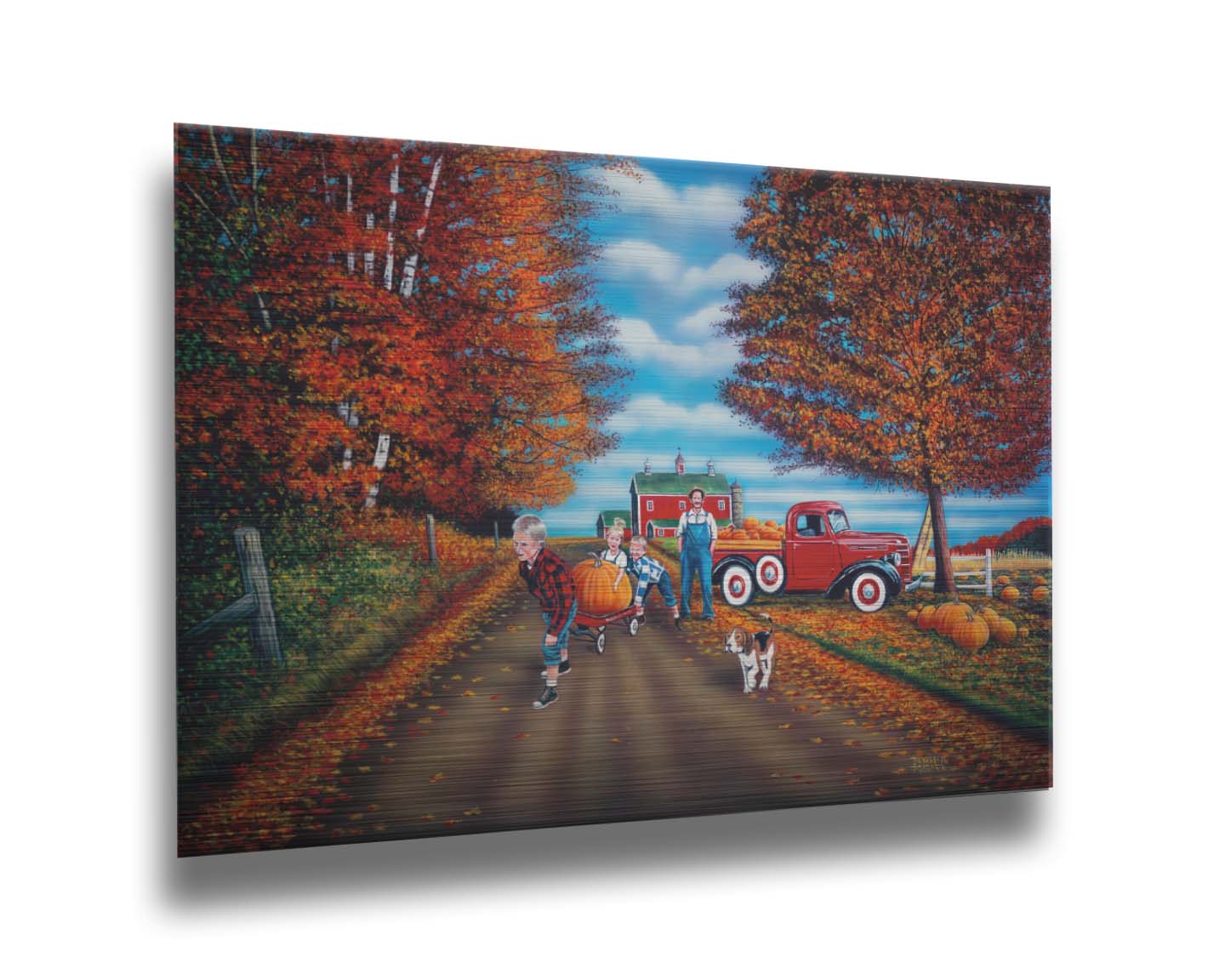 A painting of a fall scene, with a group of children moving a large pumpkin with a wagon alongside their dog, leaving a farmer's pumpkin patch. Printed on metal.