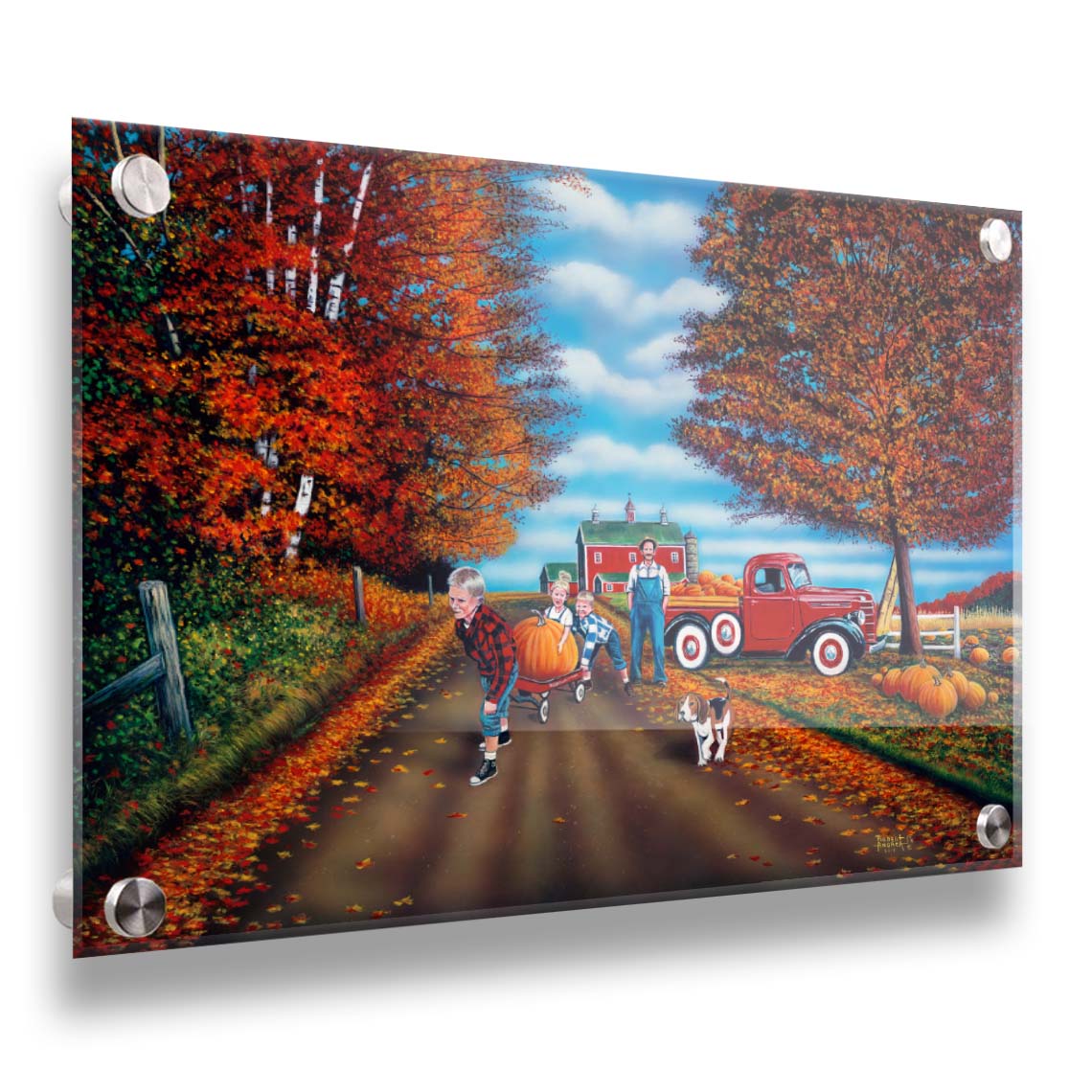 A painting of a fall scene, with a group of children moving a large pumpkin with a wagon alongside their dog, leaving a farmer's pumpkin patch. Printed on acrylic.