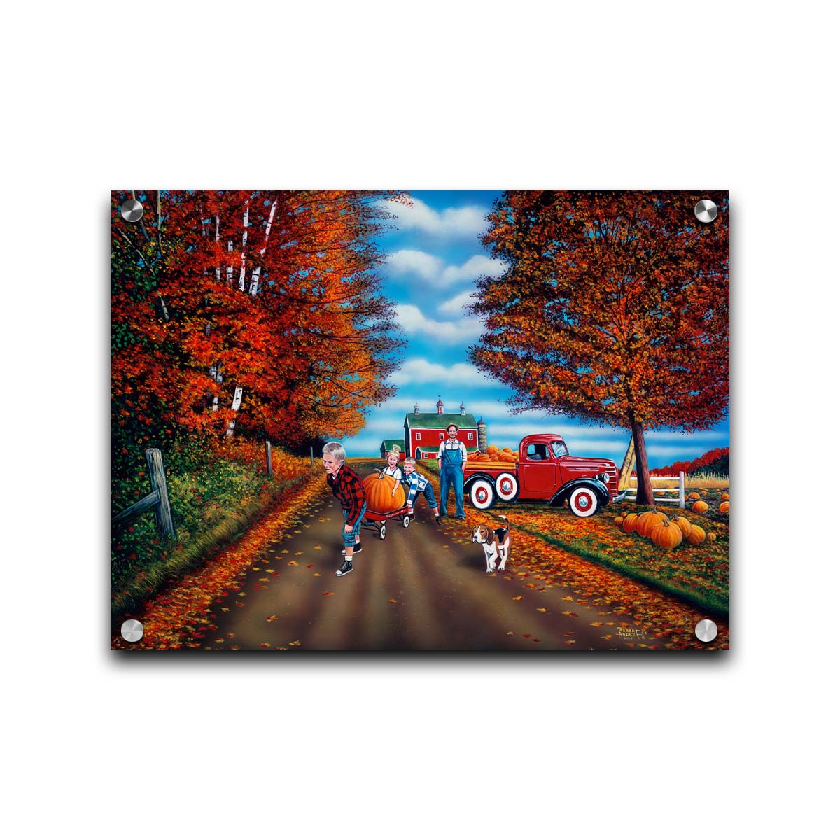 A painting of a fall scene, with a group of children moving a large pumpkin with a wagon alongside their dog, leaving a farmer's pumpkin patch. Printed on acrylic.