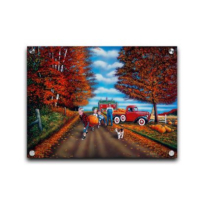 A painting of a fall scene, with a group of children moving a large pumpkin with a wagon alongside their dog, leaving a farmer's pumpkin patch. Printed on acrylic.