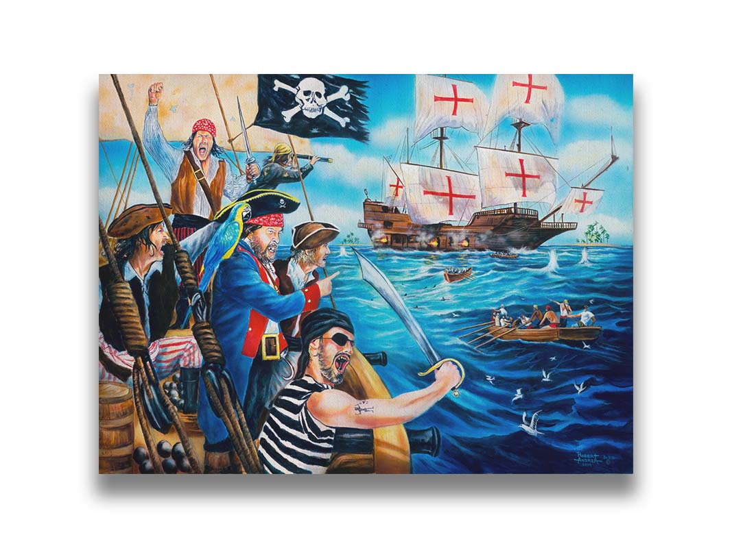 A painting of a band of pirates, sailing toward a ship to rob it. Canons fire between the two boats, and their swords are at the ready. Printed on canvas.