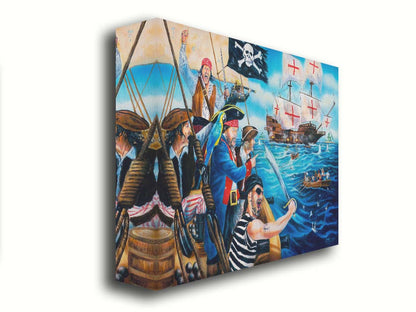 A painting of a band of pirates, sailing toward a ship to rob it. Canons fire between the two boats, and their swords are at the ready. Printed on canvas.