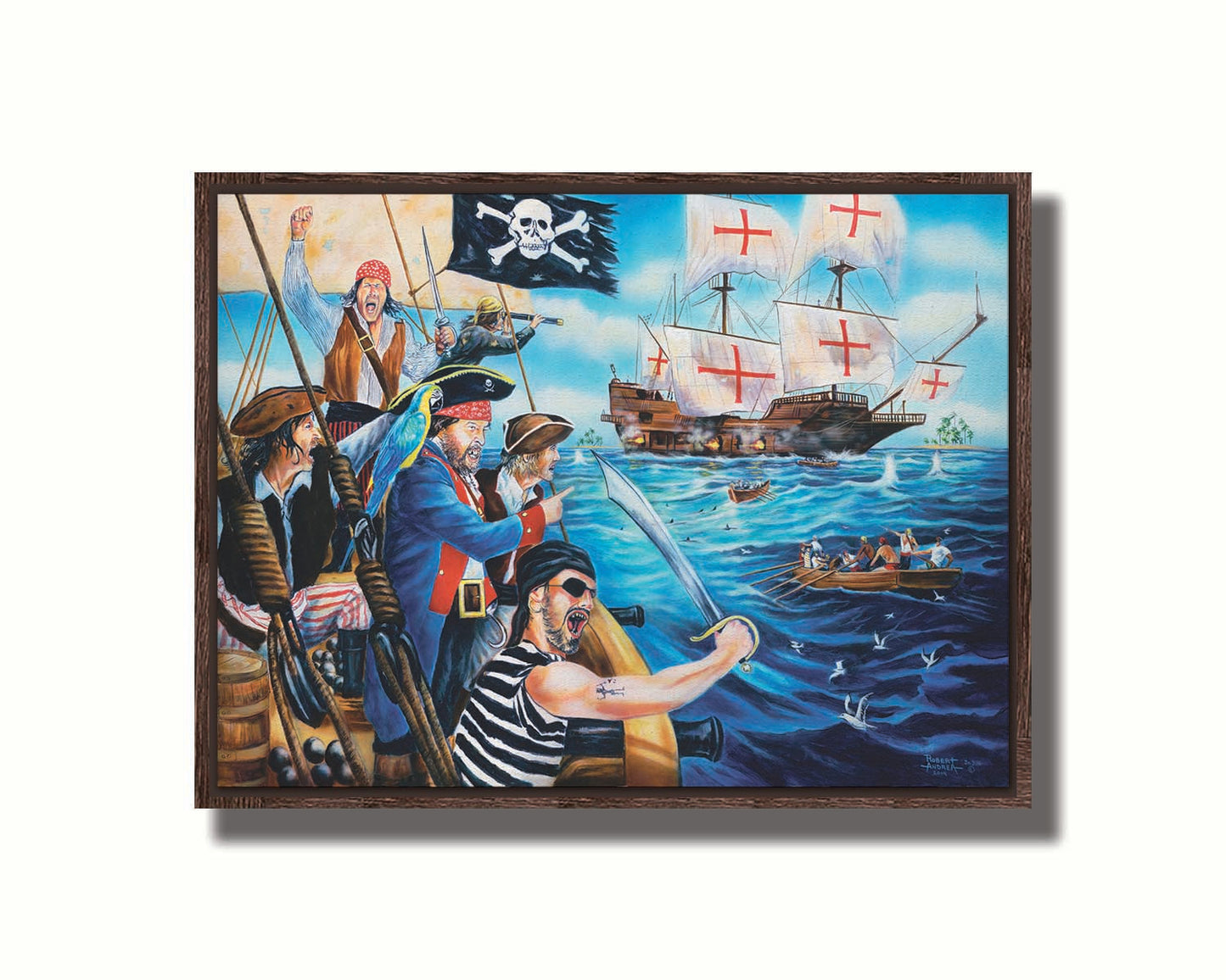 A painting of a band of pirates, sailing toward a ship to rob it. Canons fire between the two boats, and their swords are at the ready. Printed on canvas in a float frame.