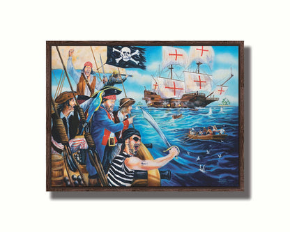 A painting of a band of pirates, sailing toward a ship to rob it. Canons fire between the two boats, and their swords are at the ready. Printed on canvas in a float frame.