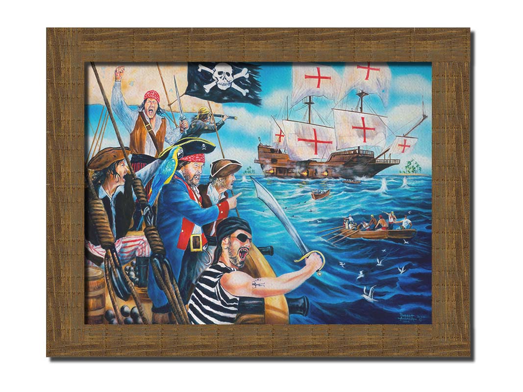 A painting of a band of pirates, sailing toward a ship to rob it. Canons fire between the two boats, and their swords are at the ready. Printed on canvas and framed.