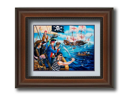 A painting of a band of pirates, sailing toward a ship to rob it. Canons fire between the two boats, and their swords are at the ready. Printed on paper, matted, and framed.