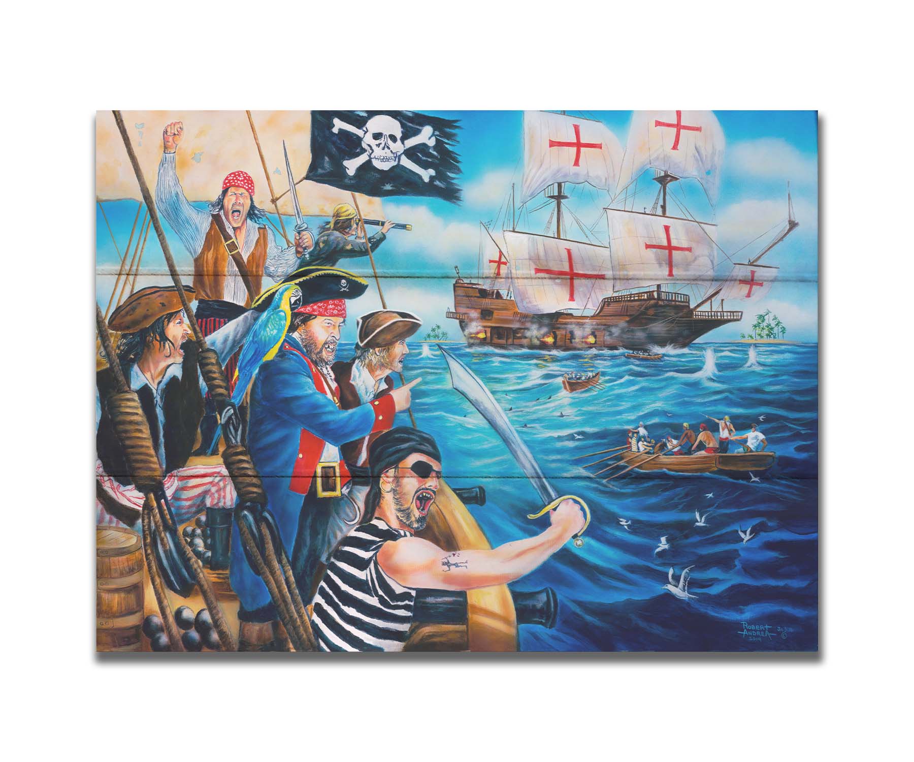 A painting of a band of pirates, sailing toward a ship to rob it. Canons fire between the two boats, and their swords are at the ready. Printed on a box board.