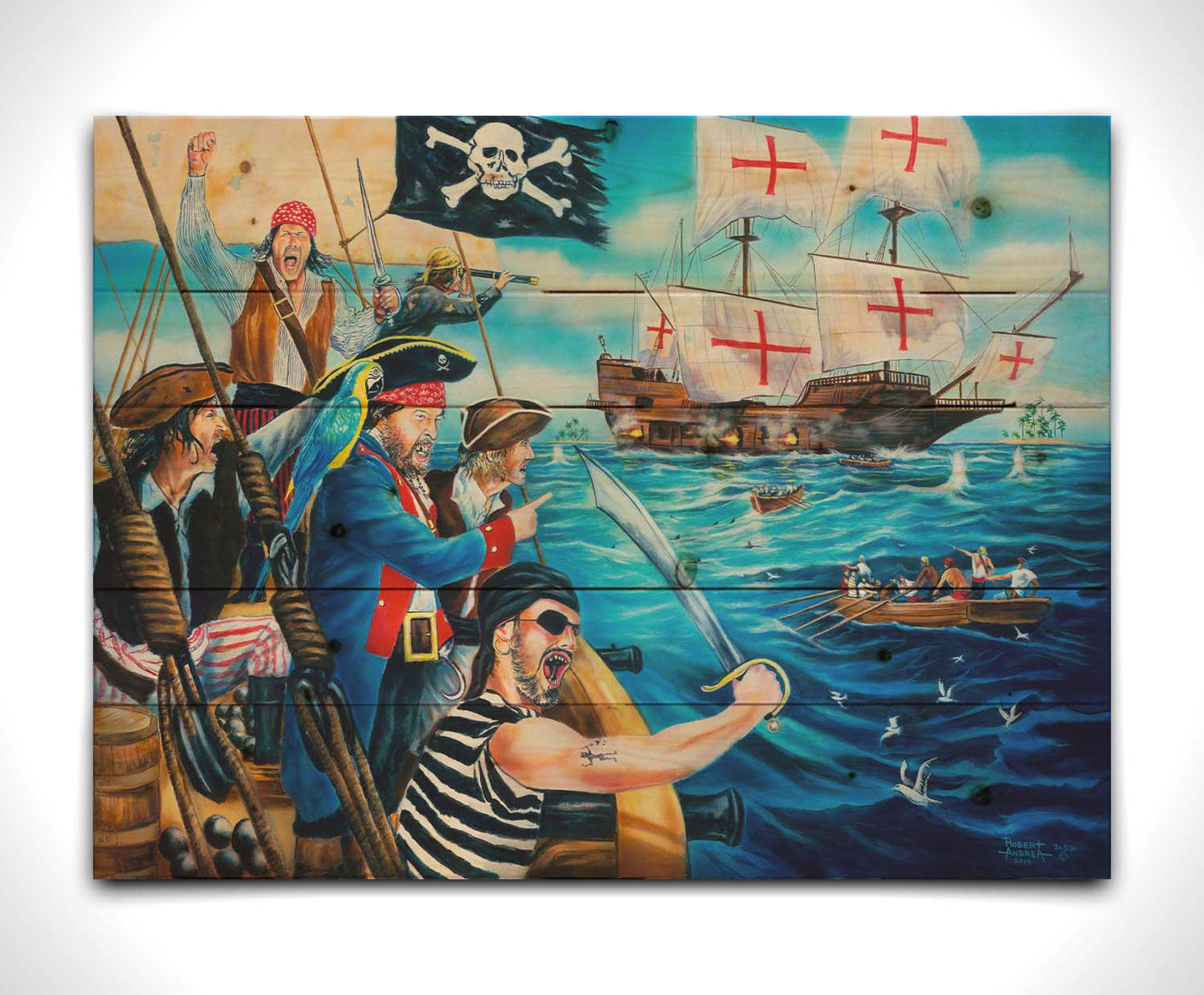 A painting of a band of pirates, sailing toward a ship to rob it. Canons fire between the two boats, and their swords are at the ready. Printed on a wood pallet.