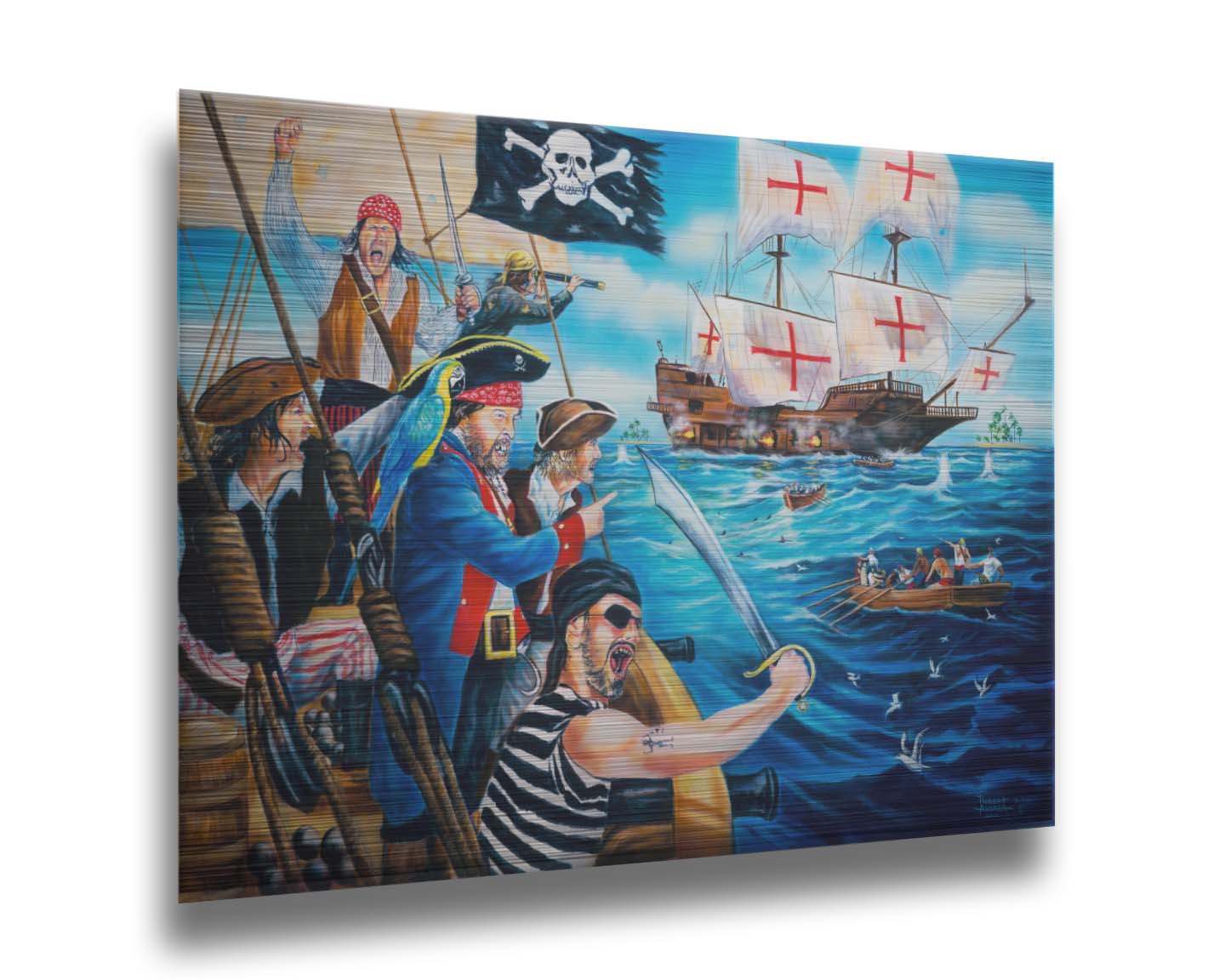 A painting of a band of pirates, sailing toward a ship to rob it. Canons fire between the two boats, and their swords are at the ready. Printed on metal.