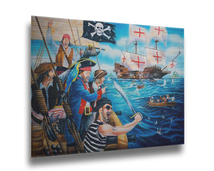 A painting of a band of pirates, sailing toward a ship to rob it. Canons fire between the two boats, and their swords are at the ready. Printed on metal.