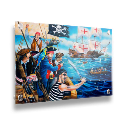 A painting of a band of pirates, sailing toward a ship to rob it. Canons fire between the two boats, and their swords are at the ready. Printed on acrylic.