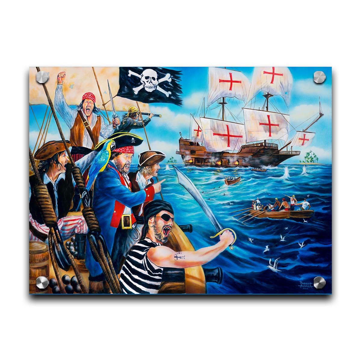 A painting of a band of pirates, sailing toward a ship to rob it. Canons fire between the two boats, and their swords are at the ready. Printed on acrylic.