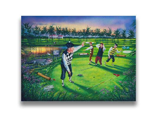 A painting of a group of golfers, one shushing the others as he attempts a putt. Unknown to him, his friends are yelling becaus there is an alligator approaching. Printed on canvas.