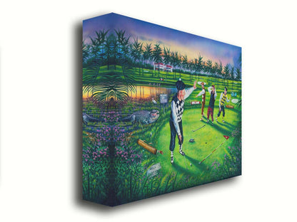 A painting of a group of golfers, one shushing the others as he attempts a putt. Unknown to him, his friends are yelling becaus there is an alligator approaching. Printed on canvas.